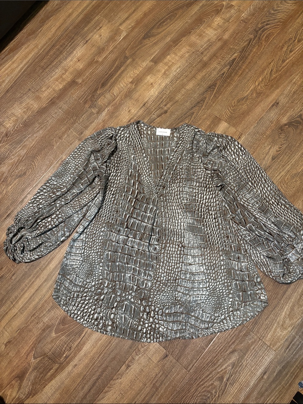 Adrienne Croc-Print V-Neck Long Sleeve Blouse - Gray women’s size small